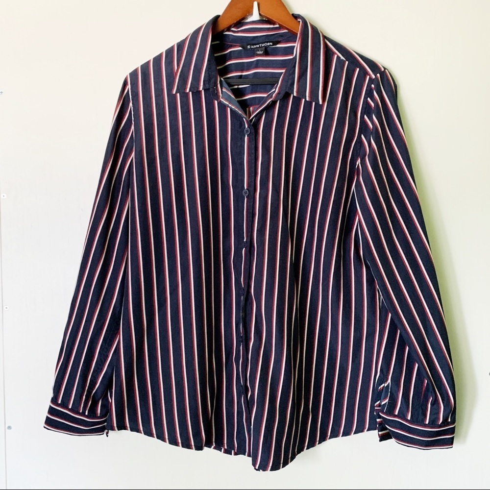 41 Hawthorne // Red, Navy Stripes Button Down Large z26